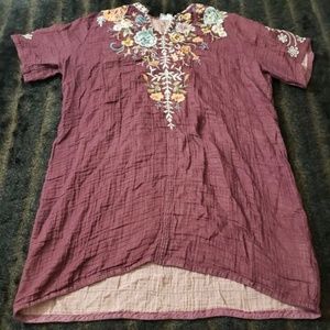 Johnny Was Workshop Womens Size XL Embroidered Floral Sheer Tunic Blouse Top